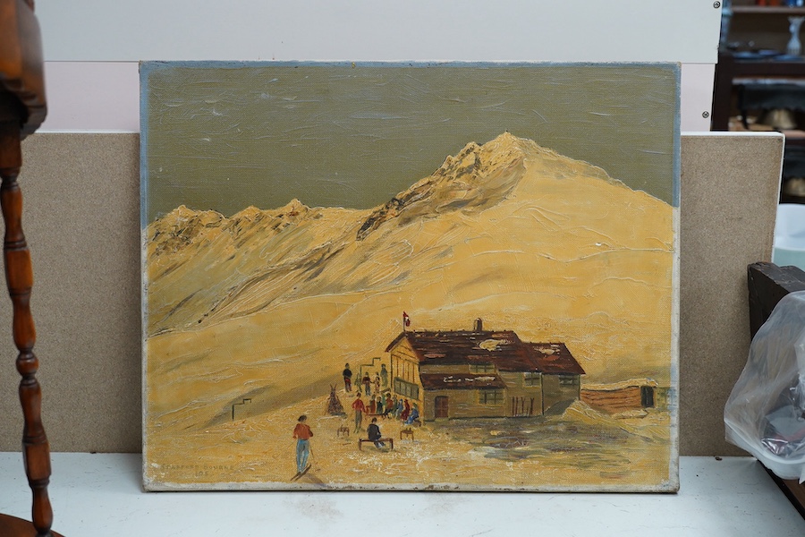 Stafford Bourne, mid 20th century oil on canvas, Alpine landscape with figures, signed and dated 1953, 40 x 51cm, unframed. Condition - fair, in need of a clean